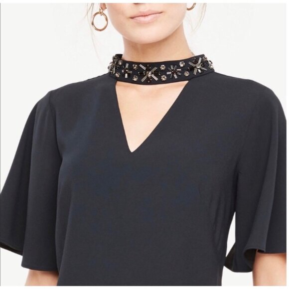 Ann Taylor Beaded Neck Cutout Top Size 12 Dark Gray Flutter Sleeve Blouse Women' - Picture 1 of 7